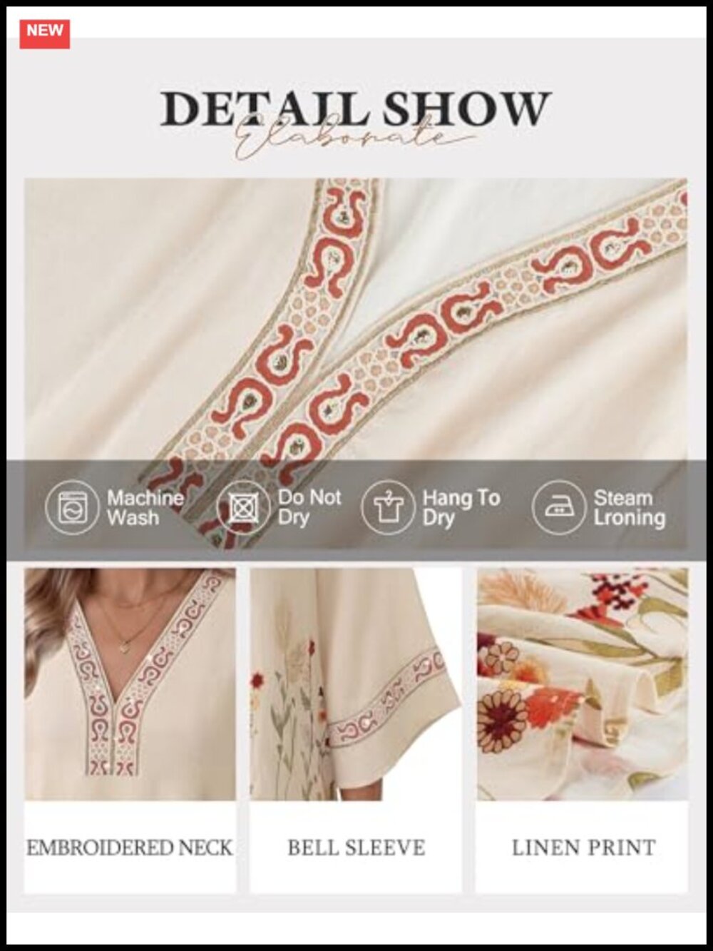 Boho 3/4 Bell Sleeve Embroidered V-Neck Tunic Blouse Gold Trim Dressy Casual - Picture 5 of 6